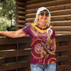 Custom NRL Broncos NAIDOC Week Women Polo Shirt Keep The Fire Burning Indigenous Art