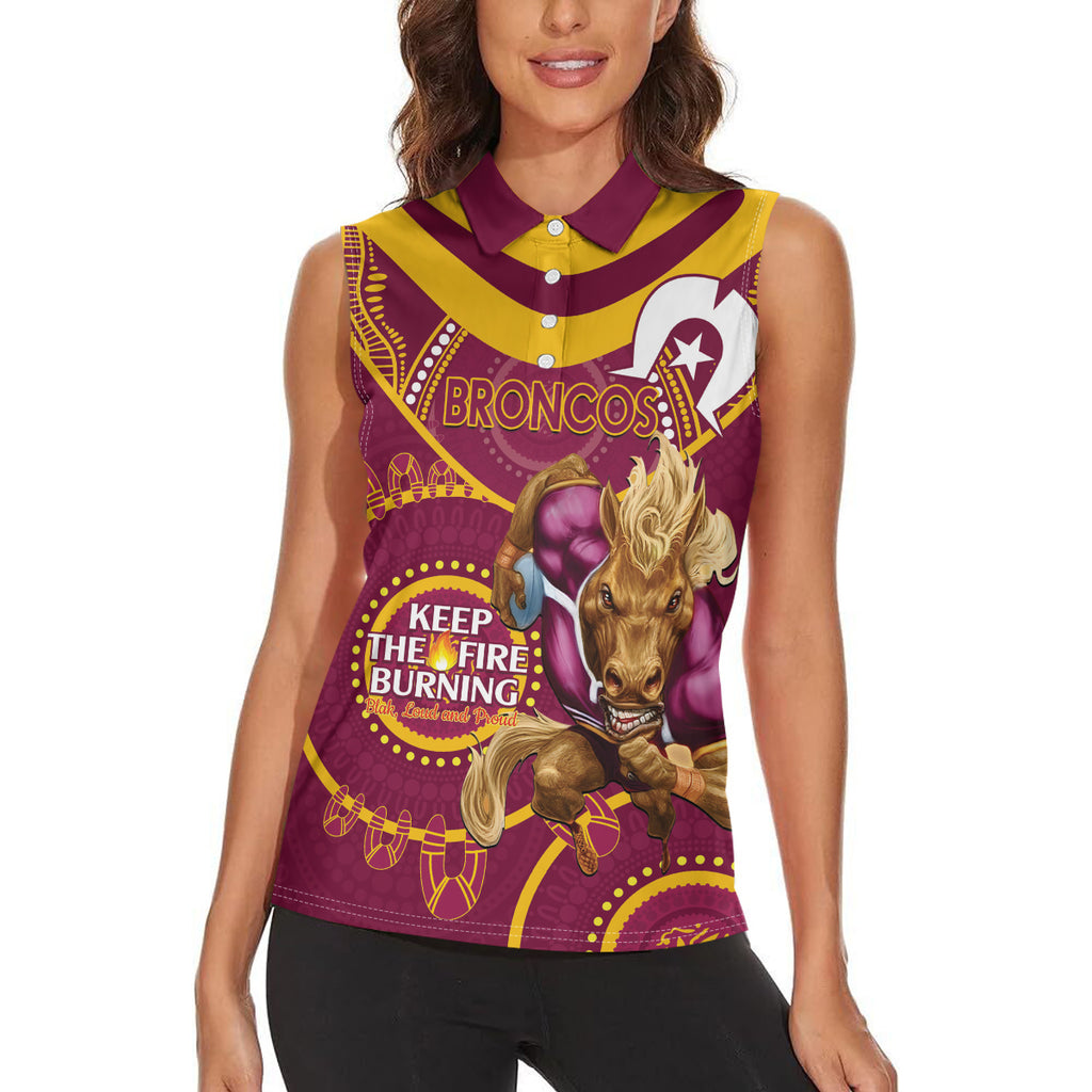 Custom NRL Broncos NAIDOC Week Women Sleeveless Polo Shirt Keep The Fire Burning Indigenous Art