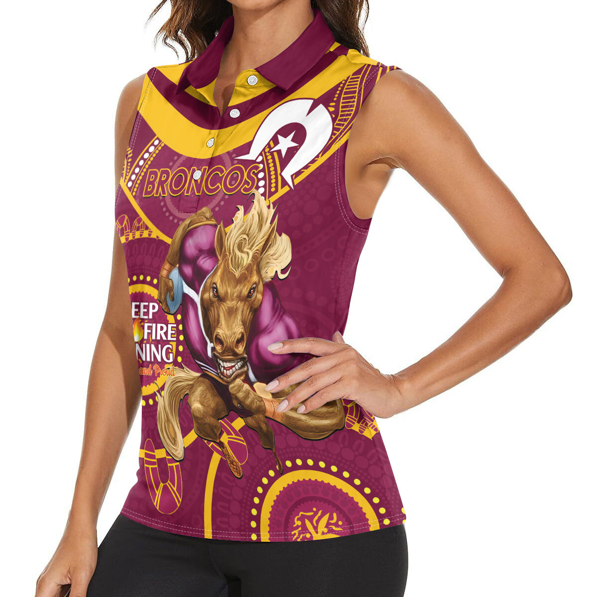 Custom NRL Broncos NAIDOC Week Women Sleeveless Polo Shirt Keep The Fire Burning Indigenous Art