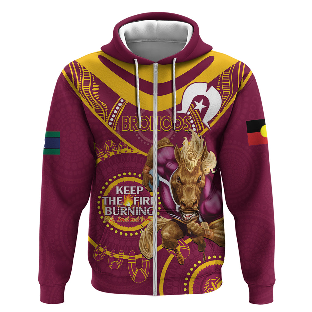 Custom NRL Broncos NAIDOC Week Zip Hoodie Keep The Fire Burning Indigenous Art