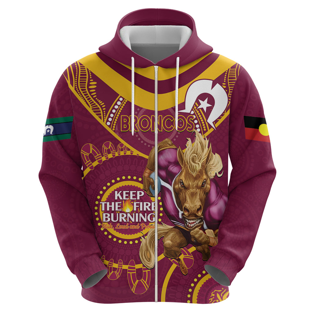 Custom NRL Broncos NAIDOC Week Zip Hoodie Keep The Fire Burning Indigenous Art