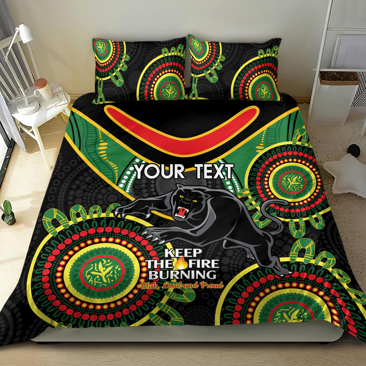 Custom NRL Panthers NAIDOC Week Bedding Set Keep The Fire Burning Indigenous Art