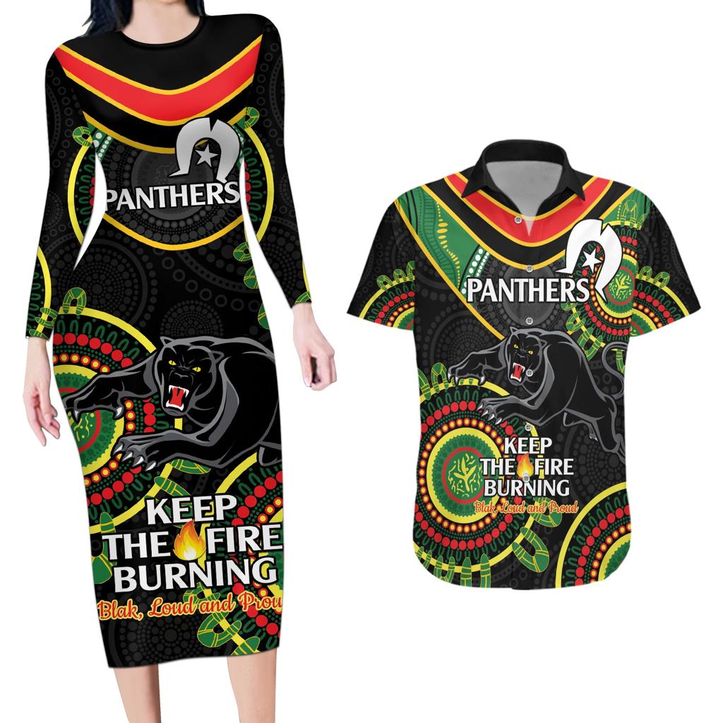 Custom NRL Panthers NAIDOC Week Couples Matching Long Sleeve Bodycon Dress and Hawaiian Shirt Keep The Fire Burning Indigenous Art