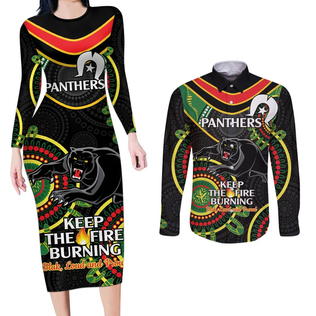 Custom NRL Panthers NAIDOC Week Couples Matching Long Sleeve Bodycon Dress and Long Sleeve Button Shirt Keep The Fire Burning Indigenous Art
