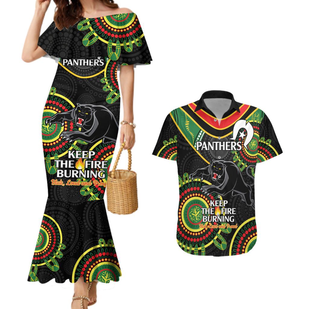 Custom NRL Panthers NAIDOC Week Couples Matching Mermaid Dress and Hawaiian Shirt Keep The Fire Burning Indigenous Art