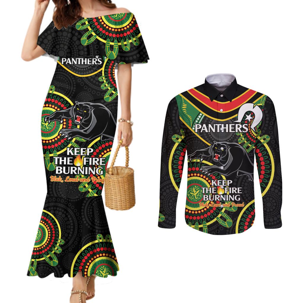 Custom NRL Panthers NAIDOC Week Couples Matching Mermaid Dress and Long Sleeve Button Shirt Keep The Fire Burning Indigenous Art