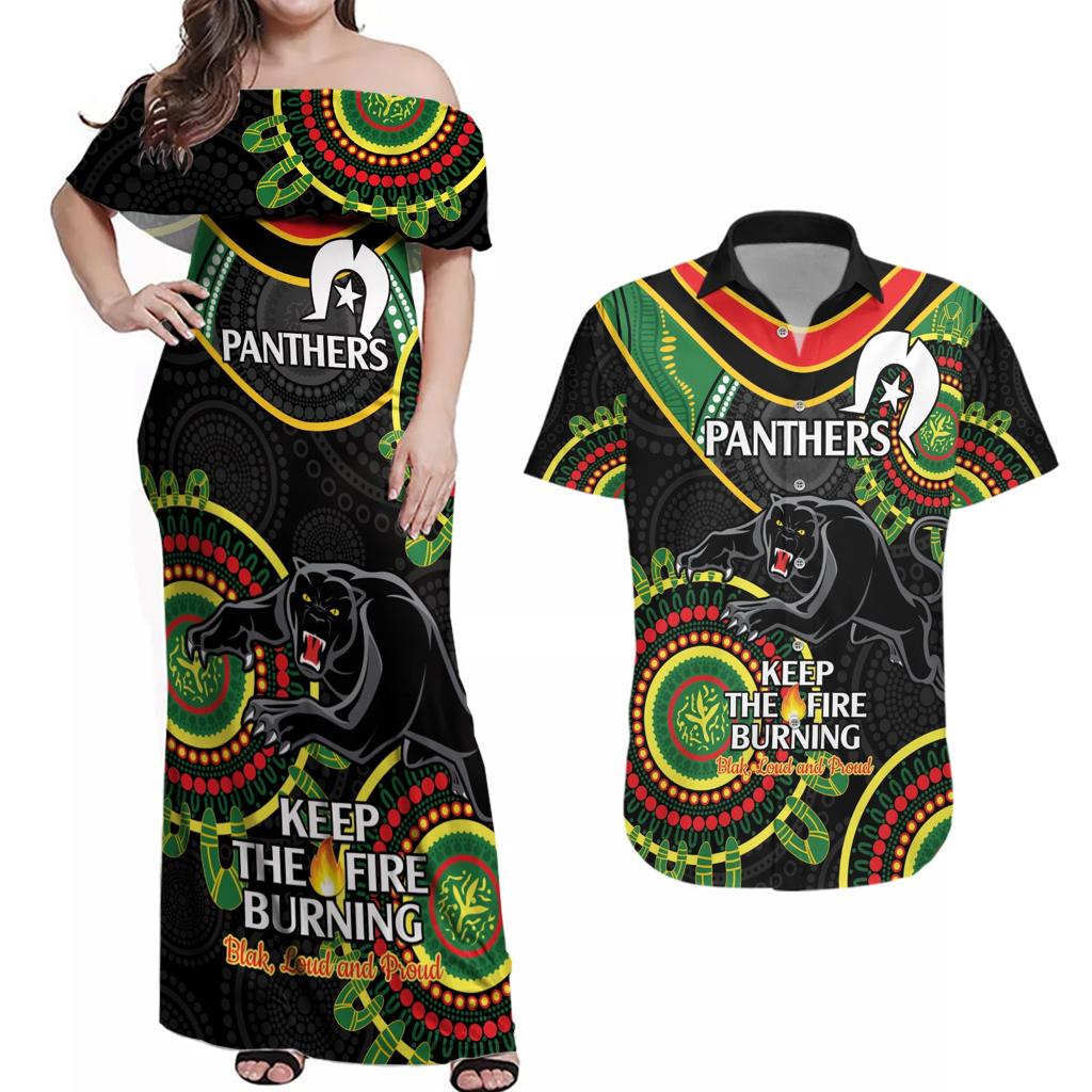 Custom NRL Panthers NAIDOC Week Couples Matching Off Shoulder Maxi Dress and Hawaiian Shirt Keep The Fire Burning Indigenous Art