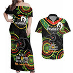 Custom NRL Panthers NAIDOC Week Couples Matching Off Shoulder Maxi Dress and Hawaiian Shirt Keep The Fire Burning Indigenous Art