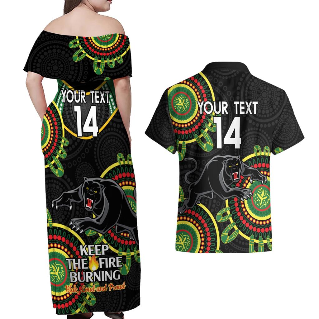 Custom NRL Panthers NAIDOC Week Couples Matching Off Shoulder Maxi Dress and Hawaiian Shirt Keep The Fire Burning Indigenous Art