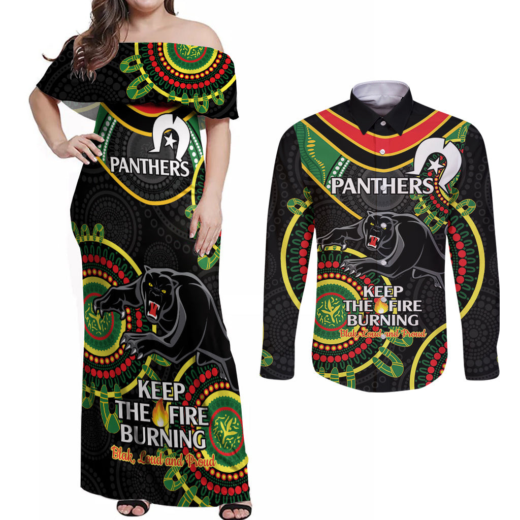 Custom NRL Panthers NAIDOC Week Couples Matching Off Shoulder Maxi Dress and Long Sleeve Button Shirt Keep The Fire Burning Indigenous Art
