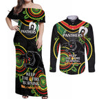 Custom NRL Panthers NAIDOC Week Couples Matching Off Shoulder Maxi Dress and Long Sleeve Button Shirt Keep The Fire Burning Indigenous Art
