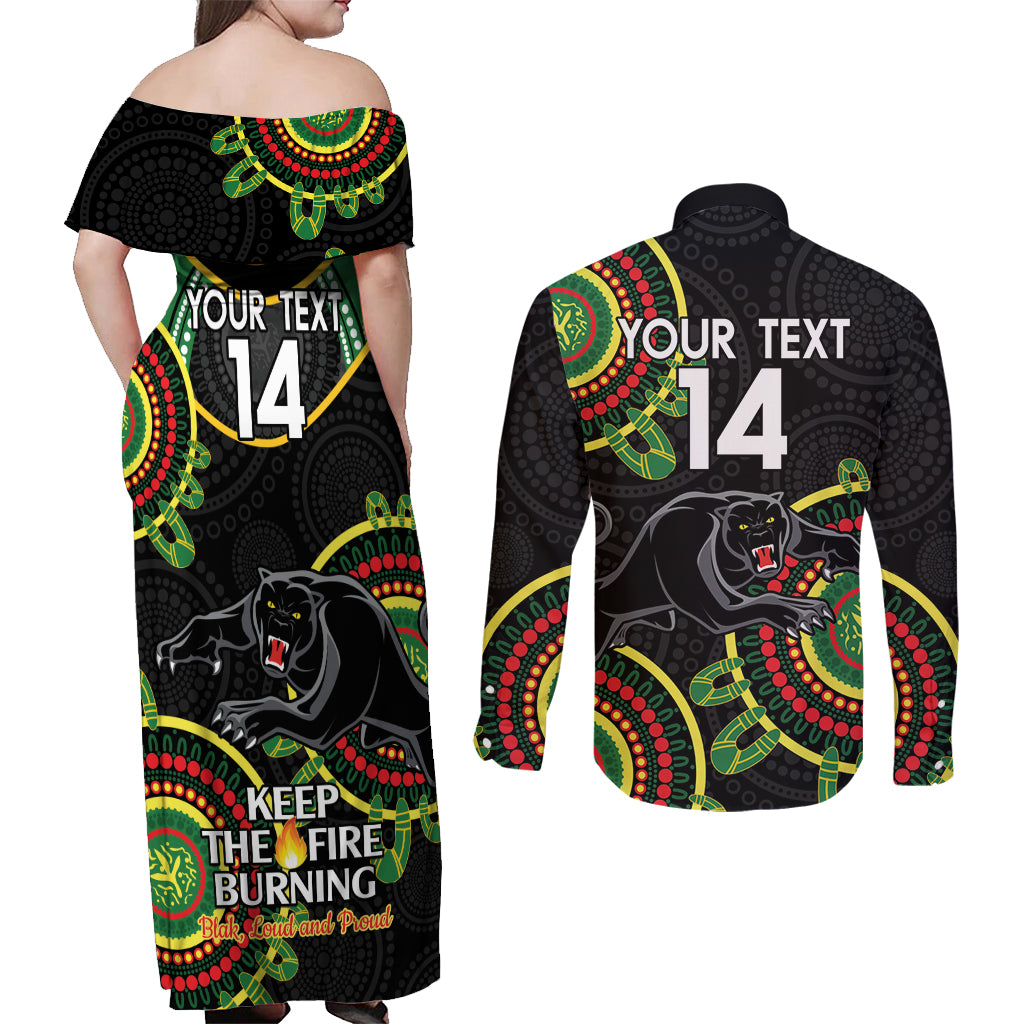 Custom NRL Panthers NAIDOC Week Couples Matching Off Shoulder Maxi Dress and Long Sleeve Button Shirt Keep The Fire Burning Indigenous Art
