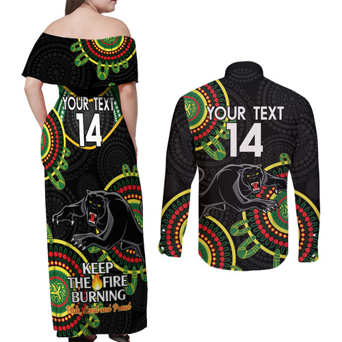 Custom NRL Panthers NAIDOC Week Couples Matching Off Shoulder Maxi Dress and Long Sleeve Button Shirt Keep The Fire Burning Indigenous Art
