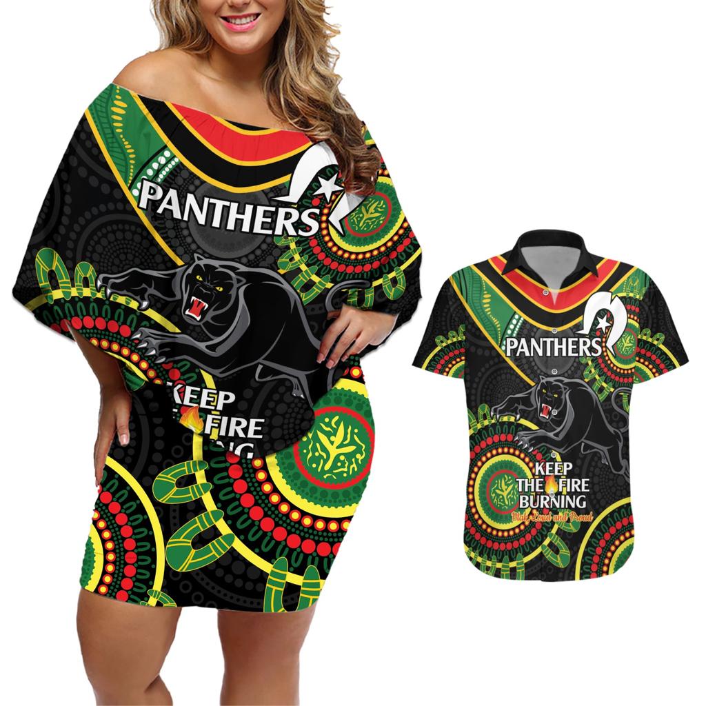 Custom NRL Panthers NAIDOC Week Couples Matching Off Shoulder Short Dress and Hawaiian Shirt Keep The Fire Burning Indigenous Art