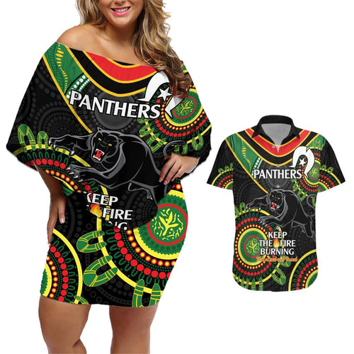 Custom NRL Panthers NAIDOC Week Couples Matching Off Shoulder Short Dress and Hawaiian Shirt Keep The Fire Burning Indigenous Art
