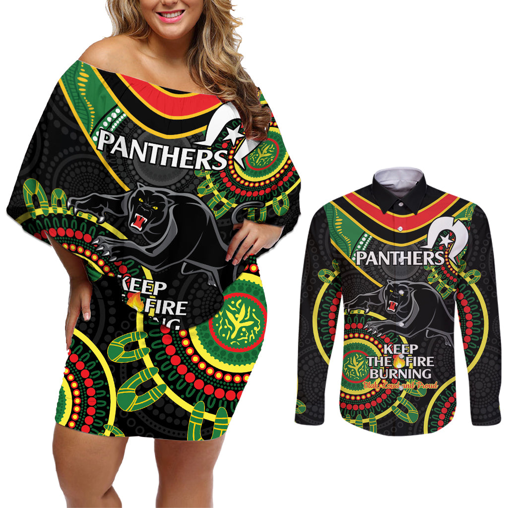 Custom NRL Panthers NAIDOC Week Couples Matching Off Shoulder Short Dress and Long Sleeve Button Shirt Keep The Fire Burning Indigenous Art