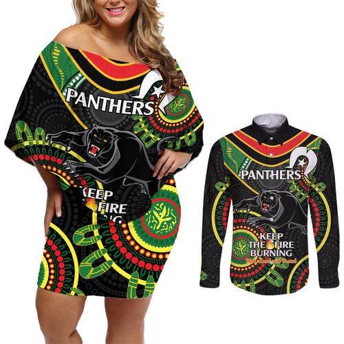 Custom NRL Panthers NAIDOC Week Couples Matching Off Shoulder Short Dress and Long Sleeve Button Shirt Keep The Fire Burning Indigenous Art