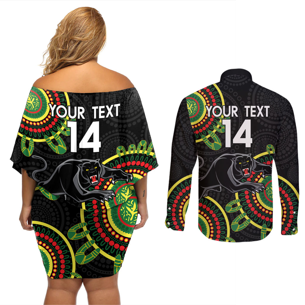 Custom NRL Panthers NAIDOC Week Couples Matching Off Shoulder Short Dress and Long Sleeve Button Shirt Keep The Fire Burning Indigenous Art