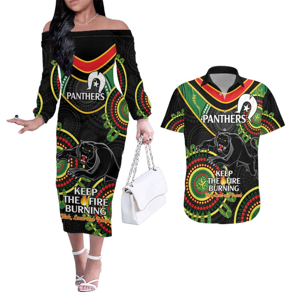 Custom NRL Panthers NAIDOC Week Couples Matching Off The Shoulder Long Sleeve Dress and Hawaiian Shirt Keep The Fire Burning Indigenous Art