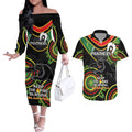 Custom NRL Panthers NAIDOC Week Couples Matching Off The Shoulder Long Sleeve Dress and Hawaiian Shirt Keep The Fire Burning Indigenous Art