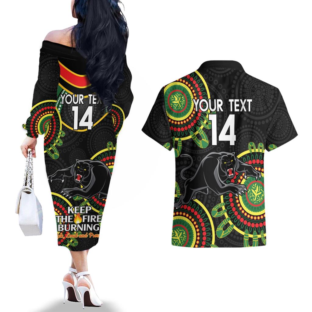 Custom NRL Panthers NAIDOC Week Couples Matching Off The Shoulder Long Sleeve Dress and Hawaiian Shirt Keep The Fire Burning Indigenous Art