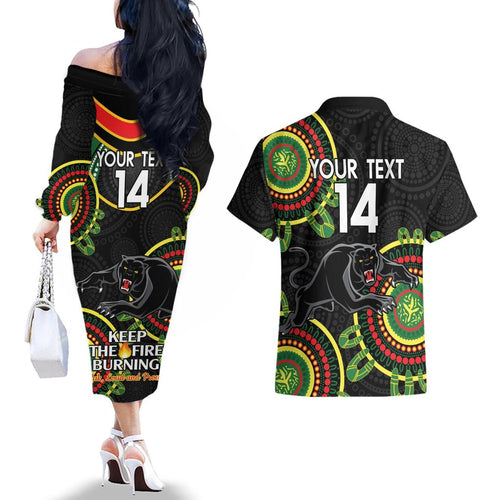 Custom NRL Panthers NAIDOC Week Couples Matching Off The Shoulder Long Sleeve Dress and Hawaiian Shirt Keep The Fire Burning Indigenous Art