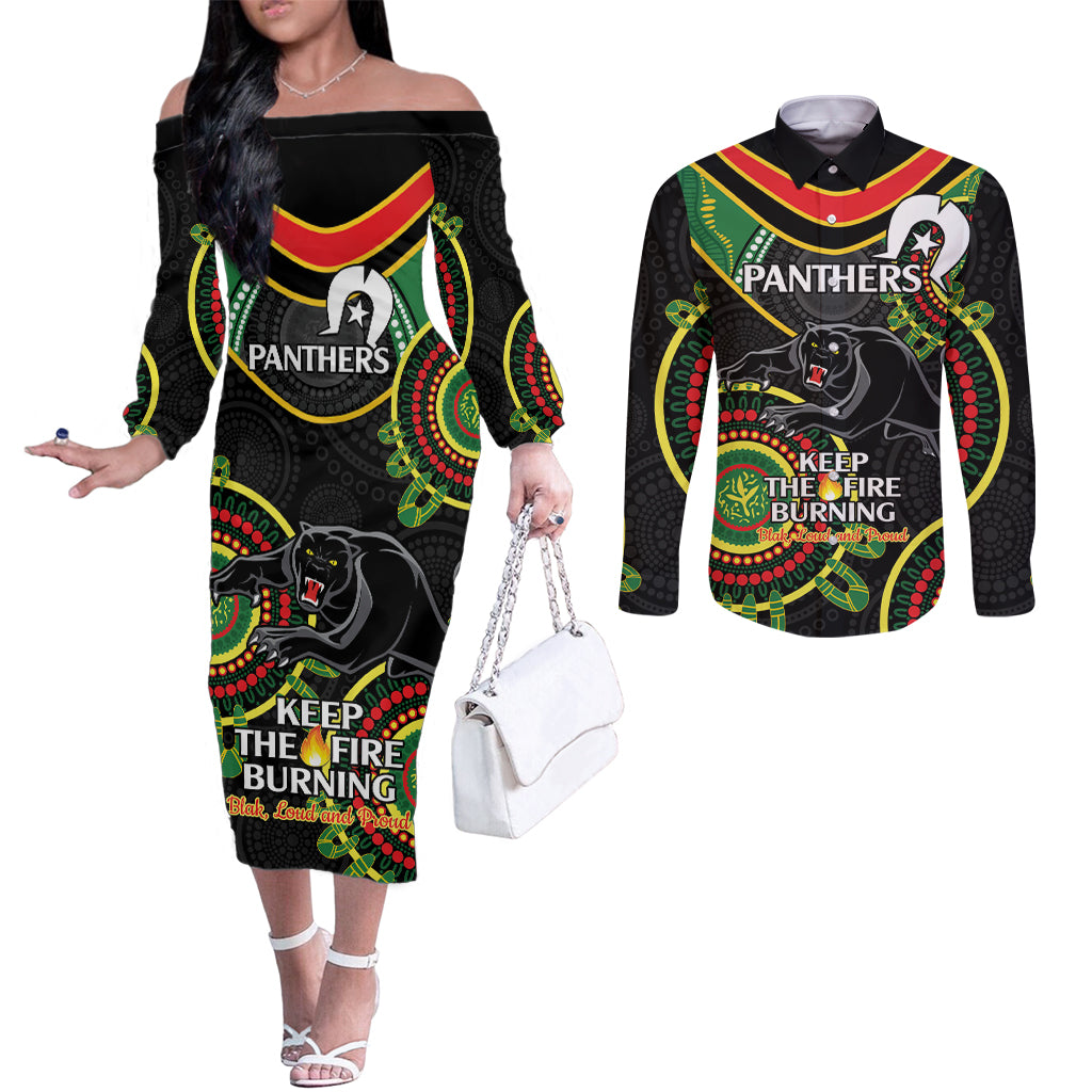 Custom NRL Panthers NAIDOC Week Couples Matching Off The Shoulder Long Sleeve Dress and Long Sleeve Button Shirt Keep The Fire Burning Indigenous Art
