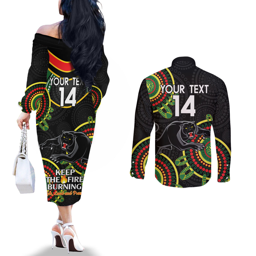 Custom NRL Panthers NAIDOC Week Couples Matching Off The Shoulder Long Sleeve Dress and Long Sleeve Button Shirt Keep The Fire Burning Indigenous Art