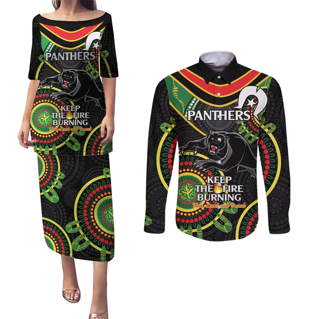 Custom NRL Panthers NAIDOC Week Couples Matching Puletasi and Long Sleeve Button Shirt Keep The Fire Burning Indigenous Art