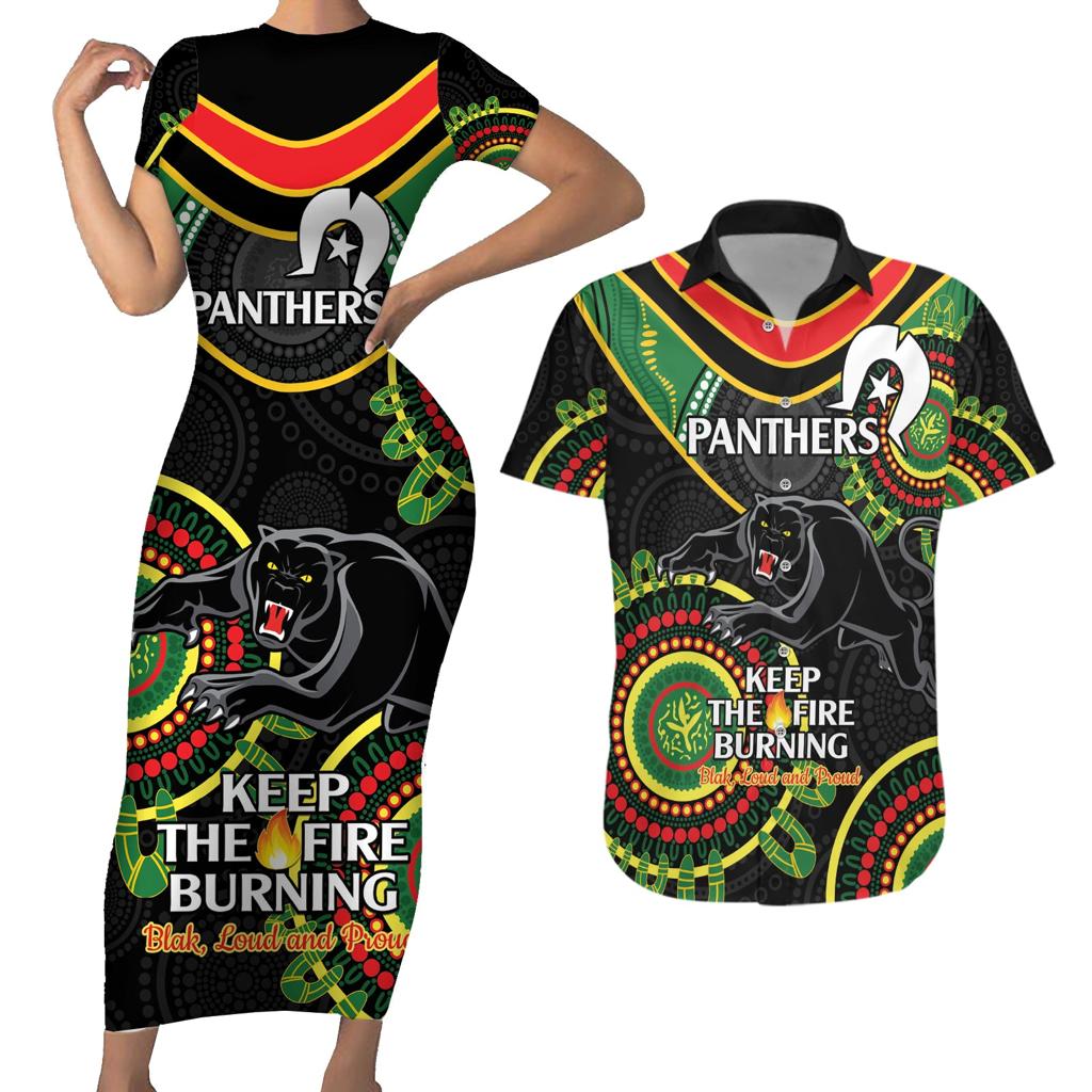Custom NRL Panthers NAIDOC Week Couples Matching Short Sleeve Bodycon Dress and Hawaiian Shirt Keep The Fire Burning Indigenous Art