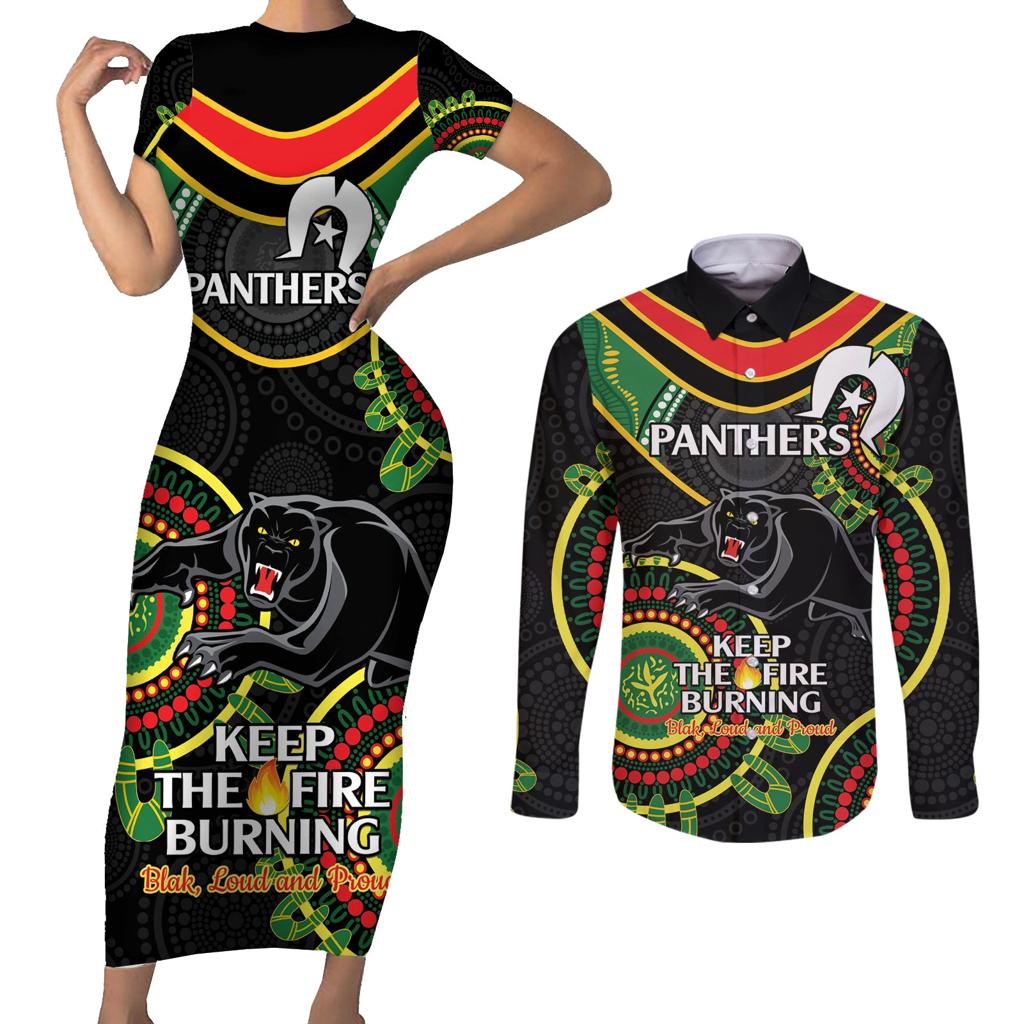 Custom NRL Panthers NAIDOC Week Couples Matching Short Sleeve Bodycon Dress and Long Sleeve Button Shirt Keep The Fire Burning Indigenous Art