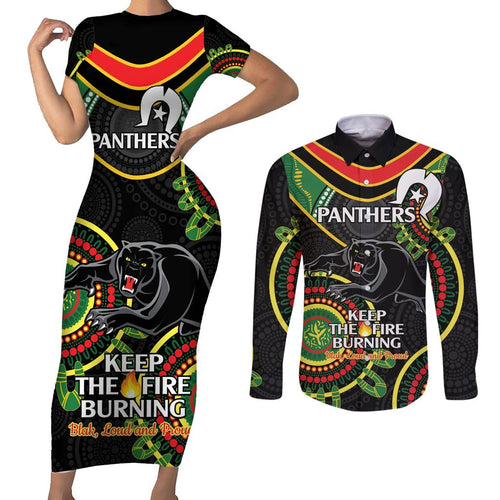 Custom NRL Panthers NAIDOC Week Couples Matching Short Sleeve Bodycon Dress and Long Sleeve Button Shirt Keep The Fire Burning Indigenous Art
