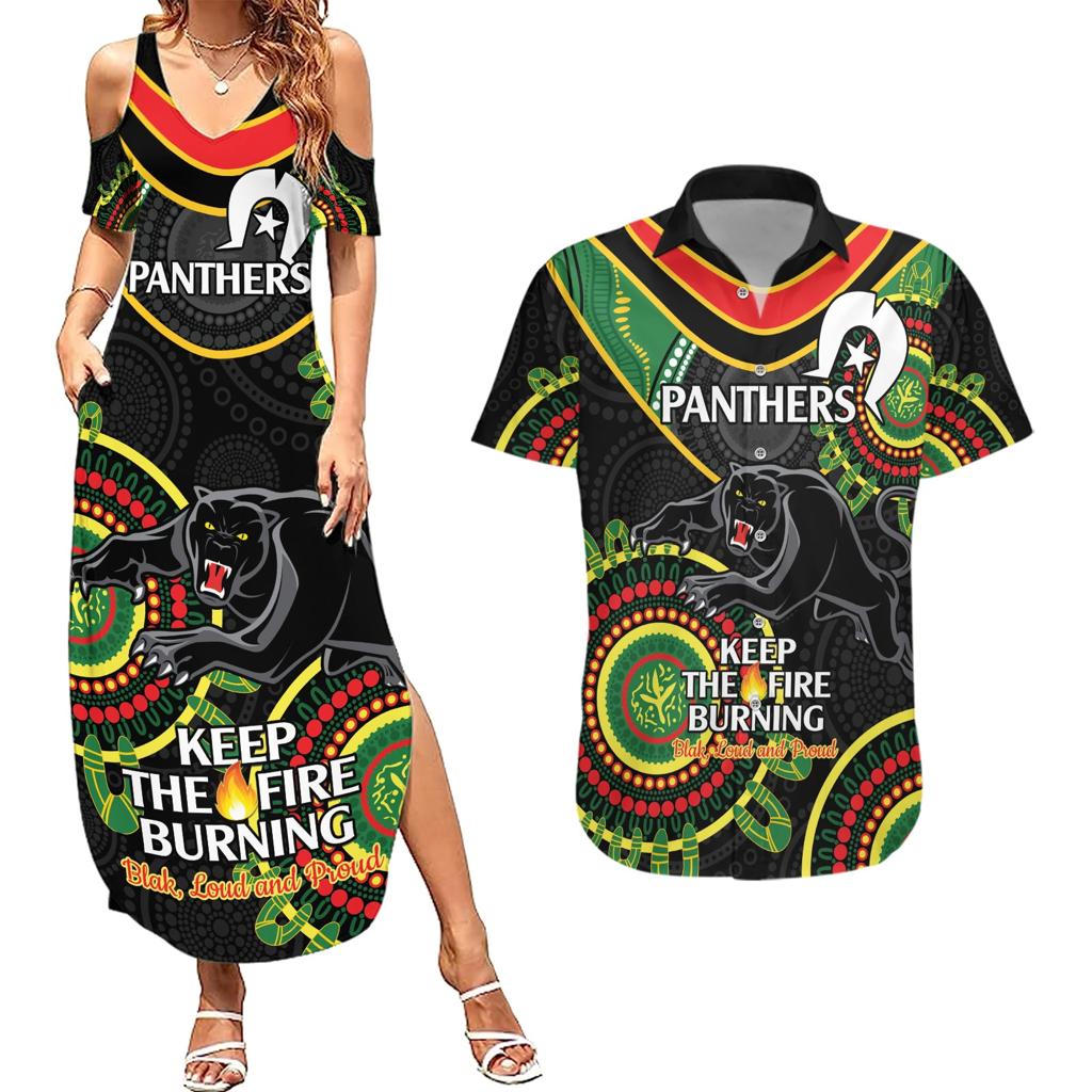 Custom NRL Panthers NAIDOC Week Couples Matching Summer Maxi Dress and Hawaiian Shirt Keep The Fire Burning Indigenous Art