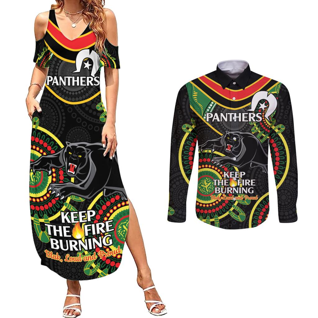 Custom NRL Panthers NAIDOC Week Couples Matching Summer Maxi Dress and Long Sleeve Button Shirt Keep The Fire Burning Indigenous Art