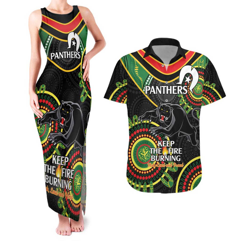 Custom NRL Panthers NAIDOC Week Couples Matching Tank Maxi Dress and Hawaiian Shirt Keep The Fire Burning Indigenous Art