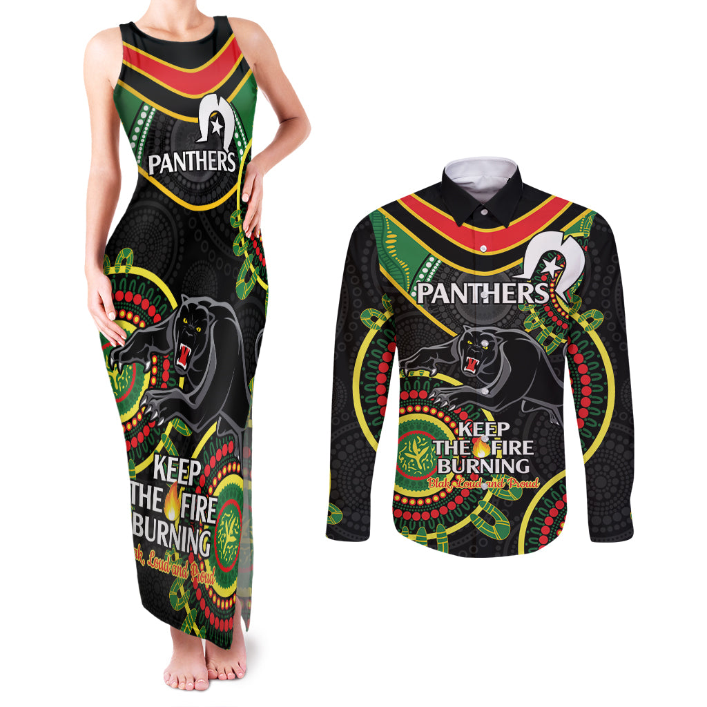 Custom NRL Panthers NAIDOC Week Couples Matching Tank Maxi Dress and Long Sleeve Button Shirt Keep The Fire Burning Indigenous Art