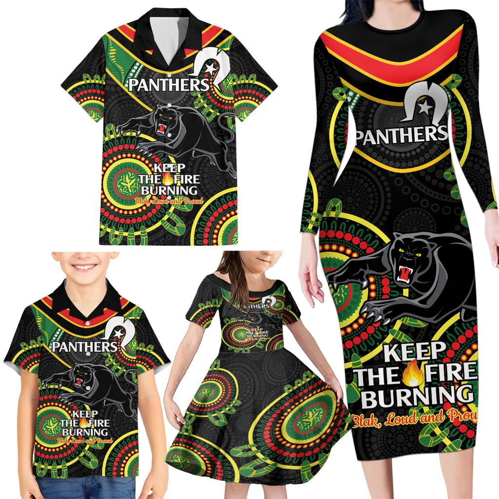 Custom NRL Panthers NAIDOC Week Family Matching Long Sleeve Bodycon Dress and Hawaiian Shirt Keep The Fire Burning Indigenous Art