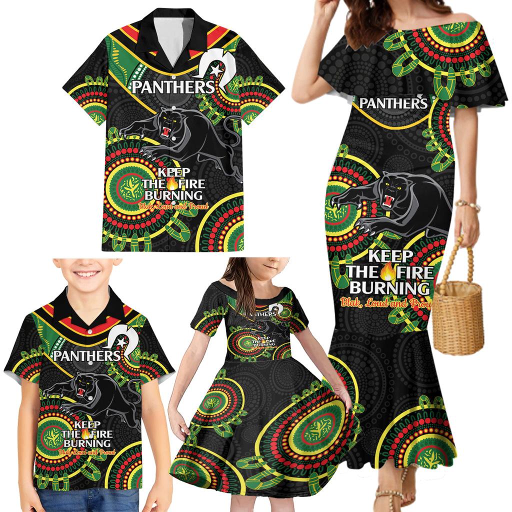 Custom NRL Panthers NAIDOC Week Family Matching Mermaid Dress and Hawaiian Shirt Keep The Fire Burning Indigenous Art