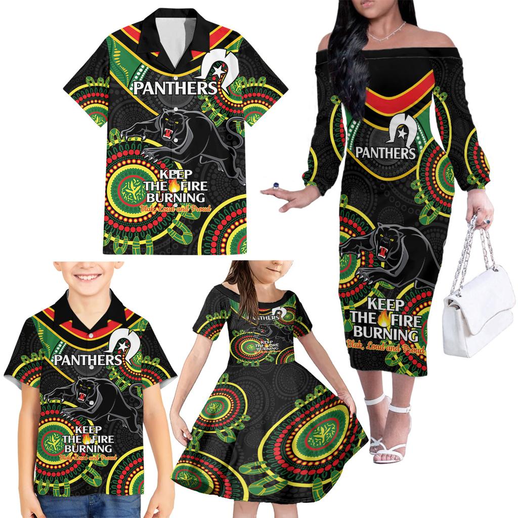 Custom NRL Panthers NAIDOC Week Family Matching Off The Shoulder Long Sleeve Dress and Hawaiian Shirt Keep The Fire Burning Indigenous Art