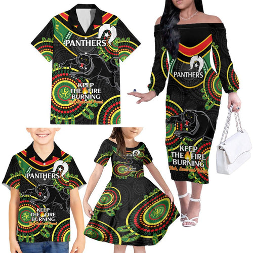 Custom NRL Panthers NAIDOC Week Family Matching Off The Shoulder Long Sleeve Dress and Hawaiian Shirt Keep The Fire Burning Indigenous Art