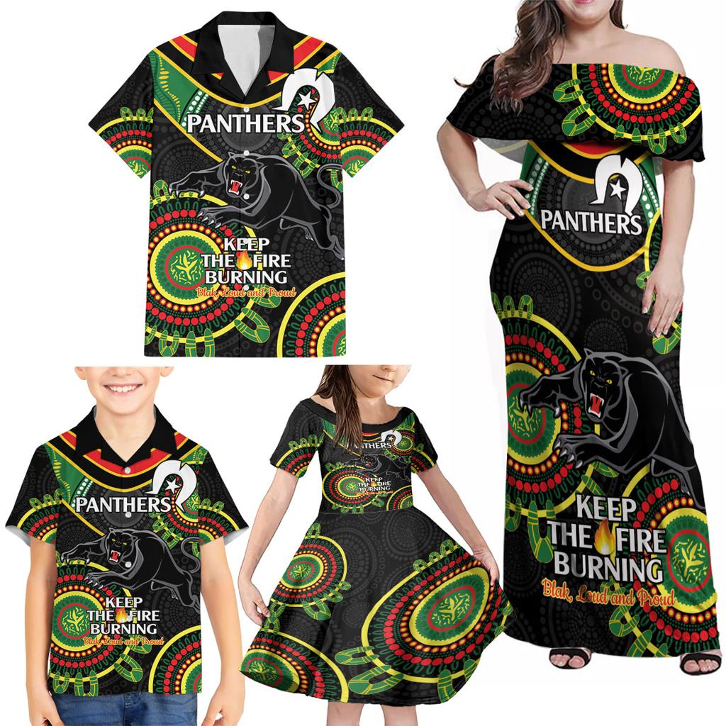 Custom NRL Panthers NAIDOC Week Family Matching Off Shoulder Maxi Dress and Hawaiian Shirt Keep The Fire Burning Indigenous Art