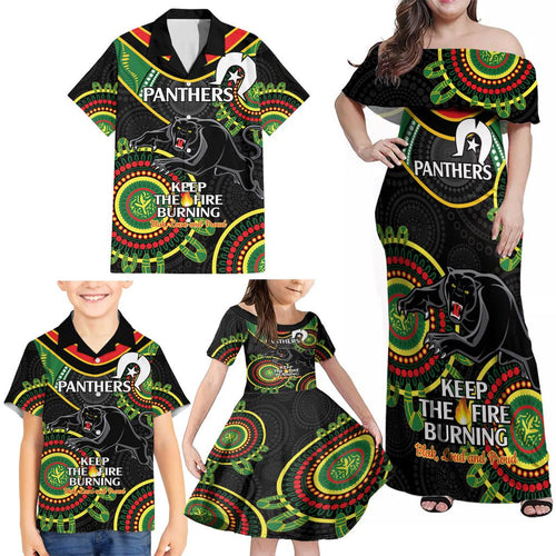 Custom NRL Panthers NAIDOC Week Family Matching Off Shoulder Maxi Dress and Hawaiian Shirt Keep The Fire Burning Indigenous Art