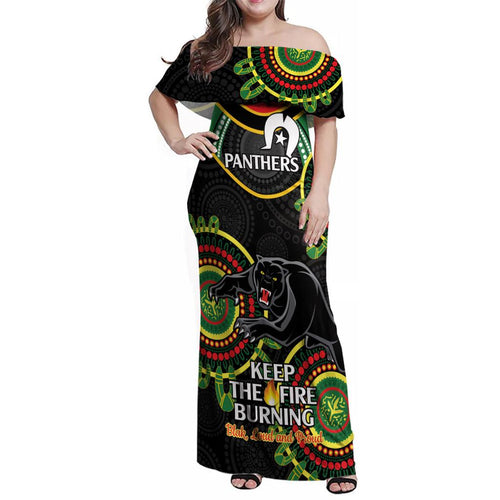 Custom NRL Panthers NAIDOC Week Family Matching Off Shoulder Maxi Dress and Hawaiian Shirt Keep The Fire Burning Indigenous Art
