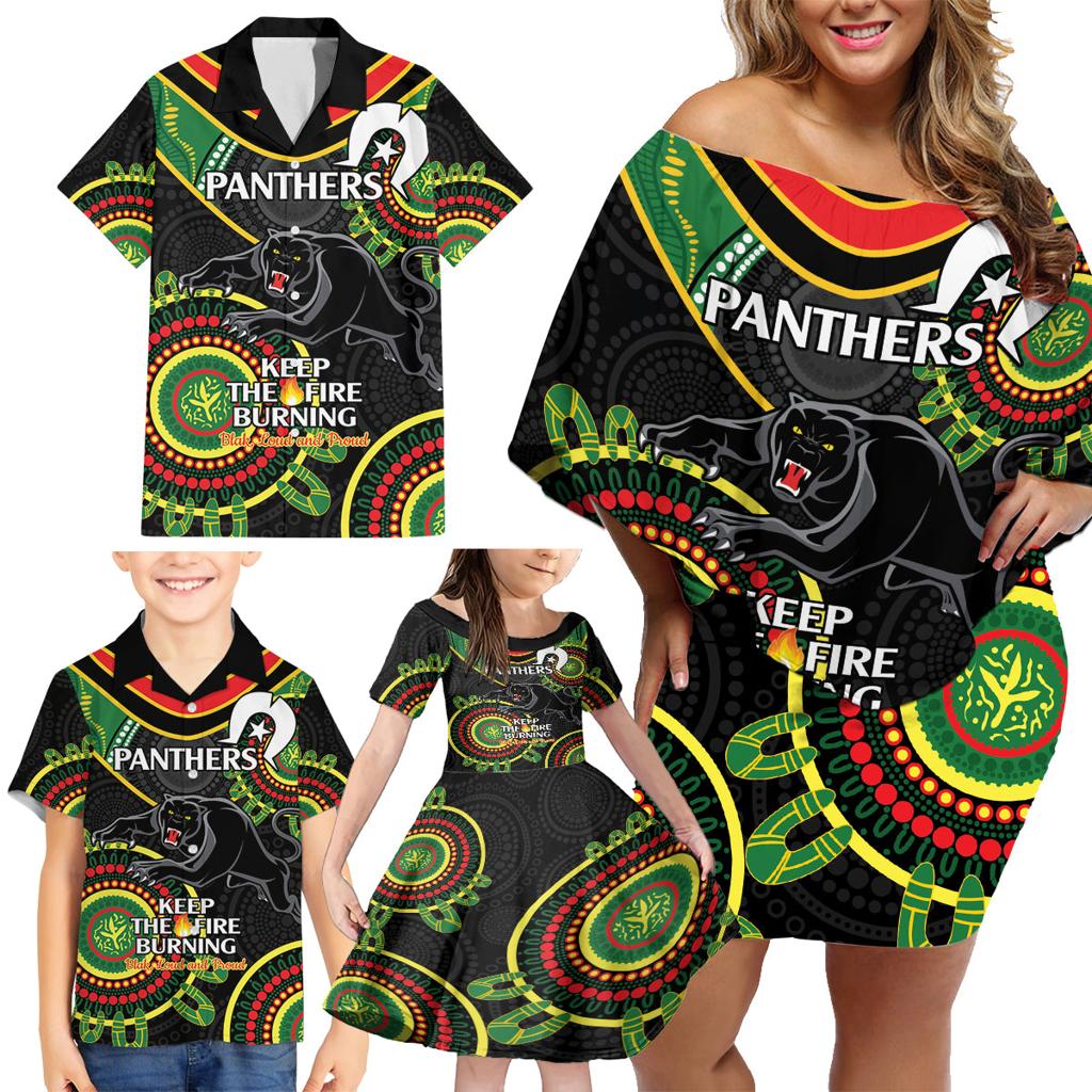 Custom NRL Panthers NAIDOC Week Family Matching Off Shoulder Short Dress and Hawaiian Shirt Keep The Fire Burning Indigenous Art