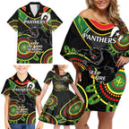 Custom NRL Panthers NAIDOC Week Family Matching Off Shoulder Short Dress and Hawaiian Shirt Keep The Fire Burning Indigenous Art