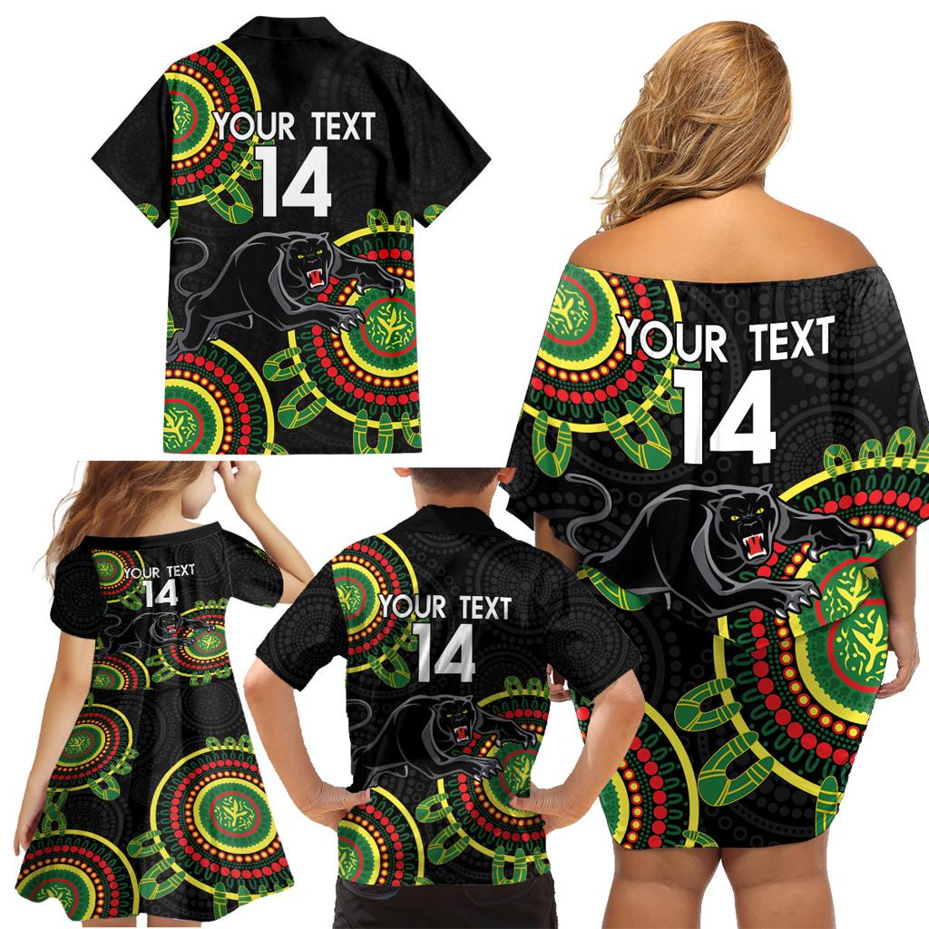 Custom NRL Panthers NAIDOC Week Family Matching Off Shoulder Short Dress and Hawaiian Shirt Keep The Fire Burning Indigenous Art