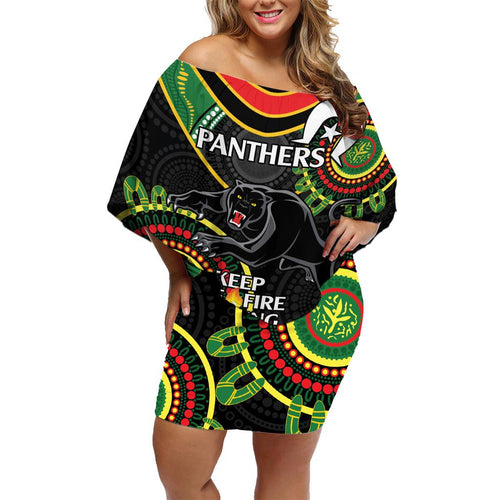 Custom NRL Panthers NAIDOC Week Family Matching Off Shoulder Short Dress and Hawaiian Shirt Keep The Fire Burning Indigenous Art