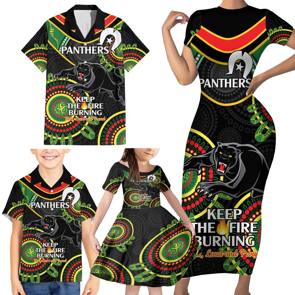 Custom NRL Panthers NAIDOC Week Family Matching Short Sleeve Bodycon Dress and Hawaiian Shirt Keep The Fire Burning Indigenous Art