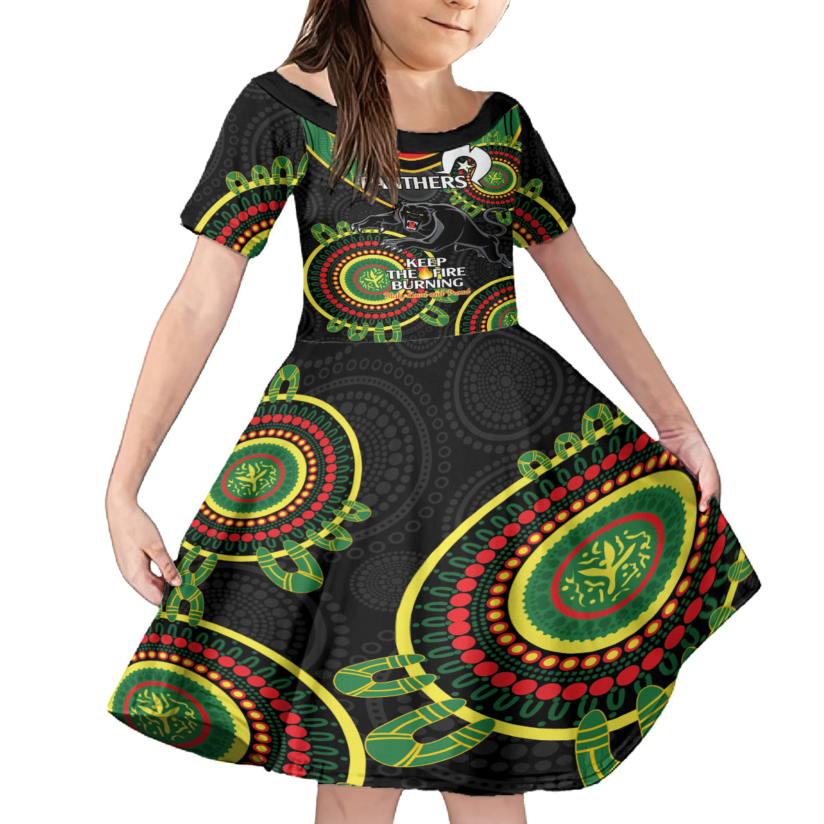 Custom NRL Panthers NAIDOC Week Kid Short Sleeve Dress Keep The Fire Burning Indigenous Art