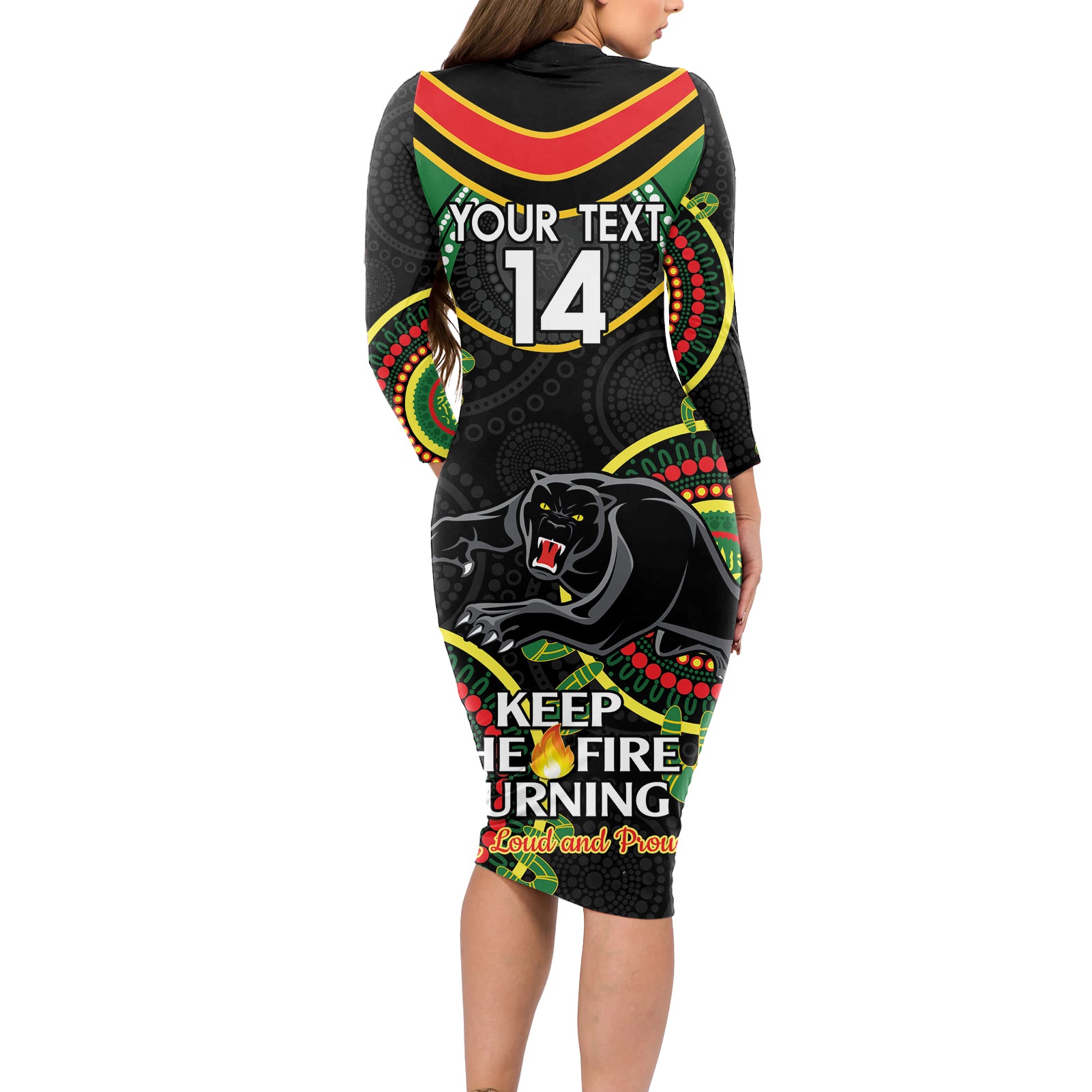 Custom NRL Panthers NAIDOC Week Long Sleeve Bodycon Dress Keep The Fire Burning Indigenous Art
